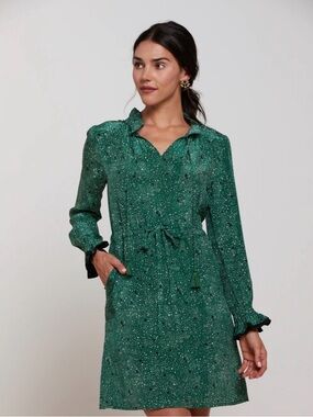 Rungolee Size Small Green Stardust Francesca Full Sleeve Dress Silk Crepe Ruffle